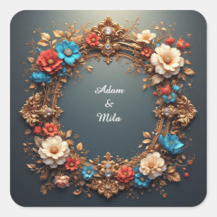 Elegant Golden Frame with Pearls Square Sticker
