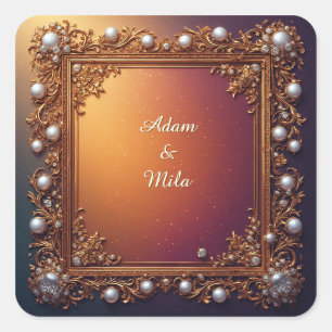 Elegant Golden Frame with Pearls Square Sticker