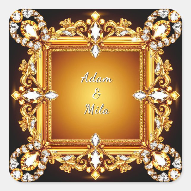 Elegant Golden Frame with Pearls Square Sticker (Front)