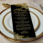 Elegant Golden Frills on Black Wedding Menu<br><div class="desc">This beautiful menu will add some style to your wedding reception. It features a beautiful design with ornate golden faux foil curls and swirls on a classic black background. There is space for the names of the couple and wedding date, and the text is fully customizable. Elegant, classy, and glam,...</div>