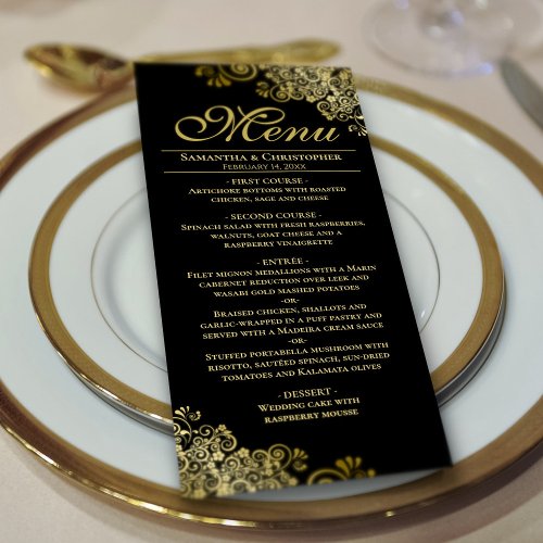 Elegant Golden Frills on Black Wedding Menu