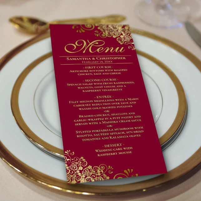 Elegant Golden Frills on Burgundy Wedding Menu (Creator Uploaded)