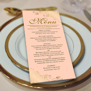 Elegant Golden Frills on Coral Peach Wedding Menu