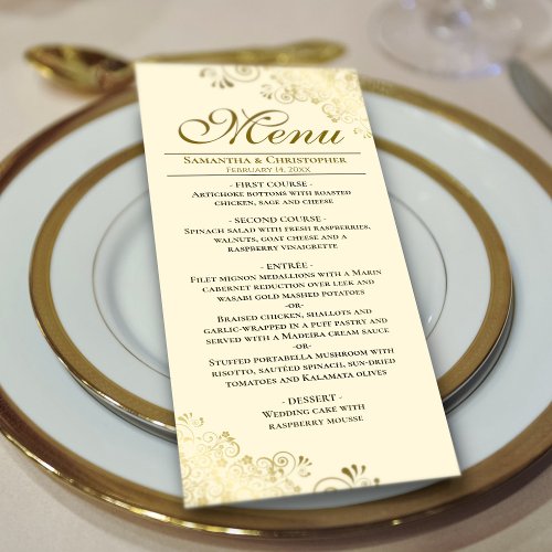 Elegant Golden Frills on Cream Wedding Menu