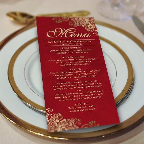 Elegant Golden Frills on Crimson Red Wedding Menu