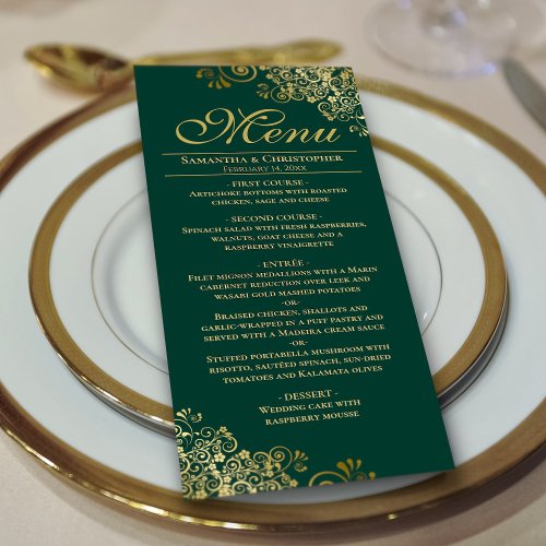 Elegant Golden Frills on Emerald Green Wedding Menu