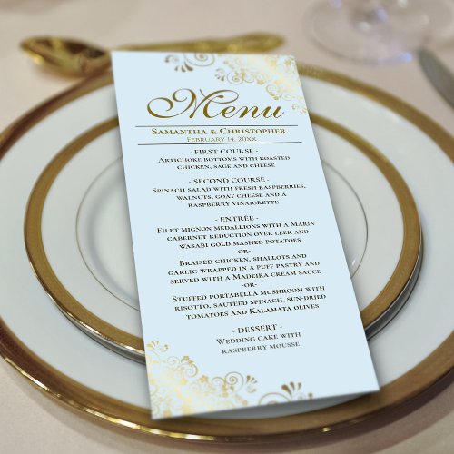 Elegant Golden Frills on Light Powder Blue Wedding Menu