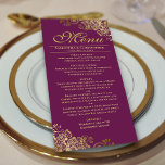 Elegant Golden Frills on Magenta Plum Wedding Menu<br><div class="desc">This beautiful menu will add some style to your wedding reception. It features a beautiful design with ornate golden faux foil curls and swirls on a magenta, red plum, cassis purple, or berry colored background. There is space for the names of the couple and wedding date, and the text is...</div>