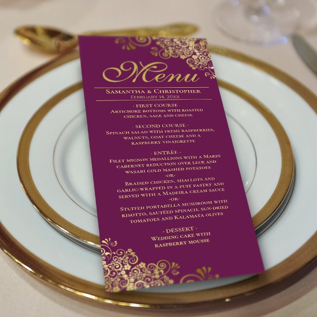 Elegant Golden Frills on Magenta Plum Wedding Menu (On Plate)
