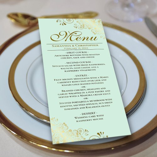Elegant Golden Frills on Mint Green Wedding Menu