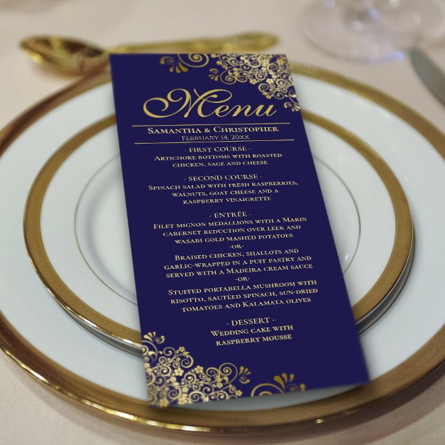 Elegant Golden Frills on Navy Blue Wedding Menu (On Plate)