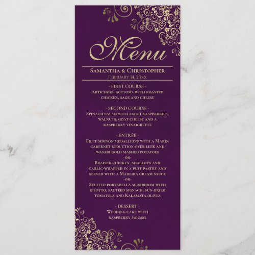 Elegant Golden Frills on Plum Purple Wedding Menu