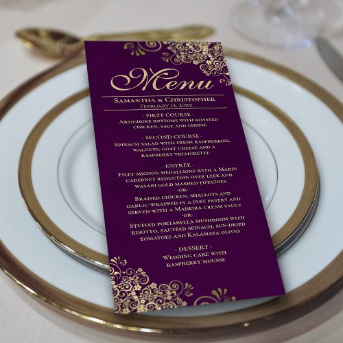 Elegant Golden Frills on Plum Purple Wedding Menu
