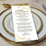 Elegant Golden Frills on White Wedding Menu<br><div class="desc">This beautiful menu will add some style to your wedding reception. It features a beautiful design with ornate golden faux foil curls and swirls on a classic white background. There is space for the names of the couple and wedding date,  and the text is fully customizable.</div>