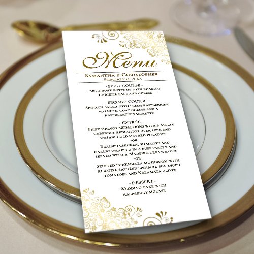 Elegant Golden Frills on White Wedding Menu