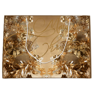 Elegant Golden glitter Snowflakes Merry Christmas Large Gift Bag