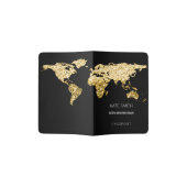 Elegant Golden Globe Earth World Map Black Name Passport Holder (Opened)