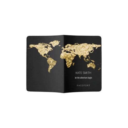 Elegant Golden Globe Earth World Map Black Name Passport Holder (Opened)