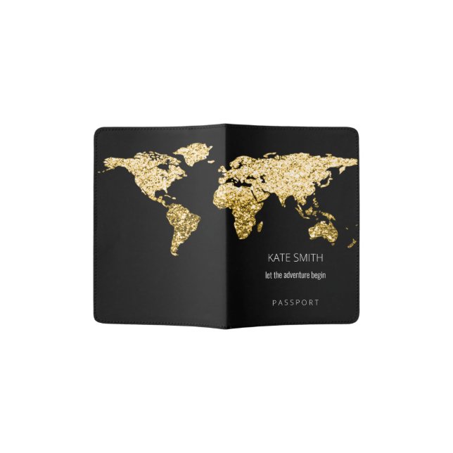 Elegant Golden Globe Earth World Map Black Name Passport Holder (Opened)