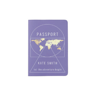 Elegant Golden Globe Earth World Map Name Purple Passport Holder