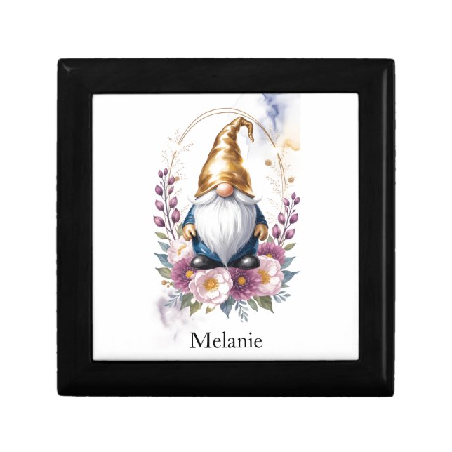 Elegant Golden Gnome in Floral Bouquet Gift Box (Front)