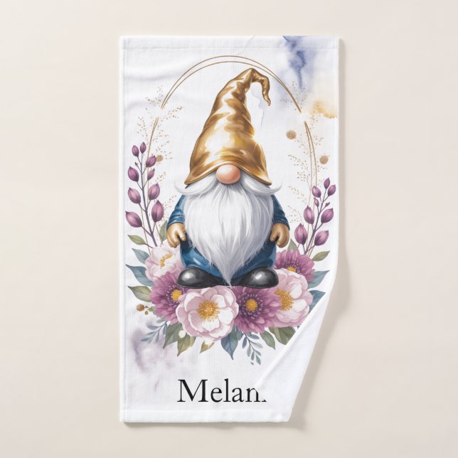 Elegant Golden Gnome in Floral Bouquet Hand Towel (Hand Towel)