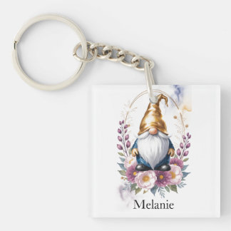 Elegant Golden Gnome in Floral Bouquet Keychain