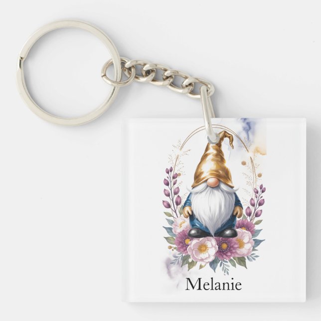Elegant Golden Gnome in Floral Bouquet Keychain (Front)