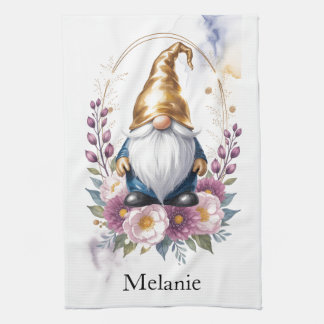 Elegant Golden Gnome in Floral Bouquet Kitchen Towel
