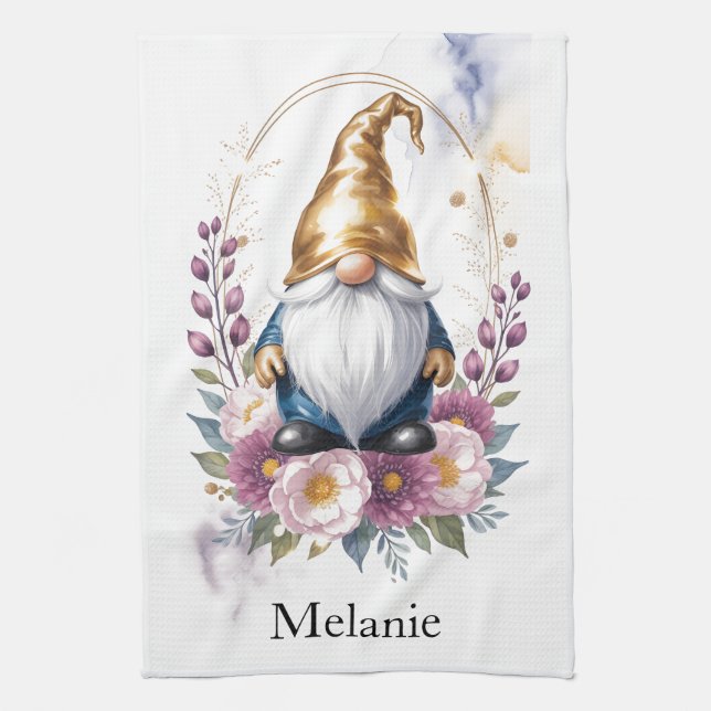 Elegant Golden Gnome in Floral Bouquet Kitchen Towel (Vertical)