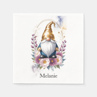 Elegant Golden Gnome in Floral Bouquet Napkins