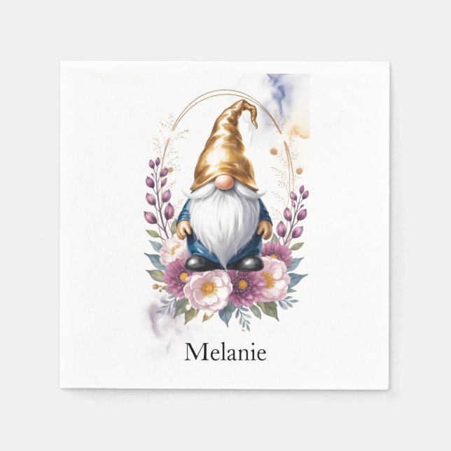 Elegant Golden Gnome in Floral Bouquet Napkins (Front)