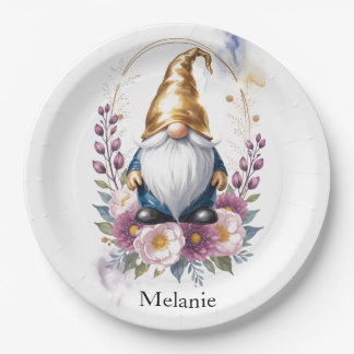 Elegant Golden Gnome in Floral Bouquet Paper Plates