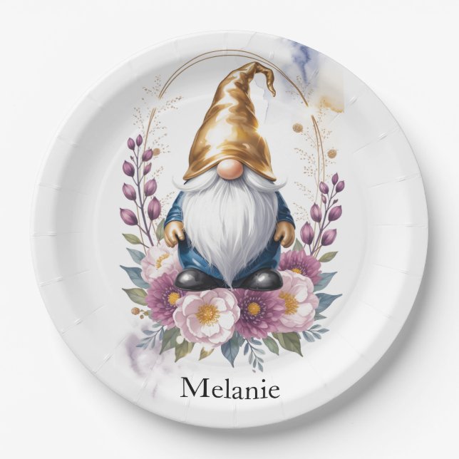Elegant Golden Gnome in Floral Bouquet Paper Plates (Front)