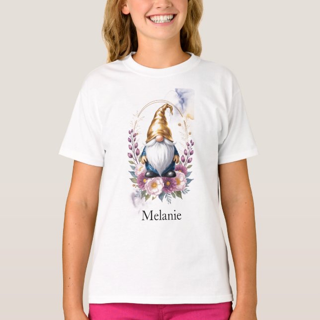 Elegant Golden Gnome in Floral Bouquet T-Shirt (Front)