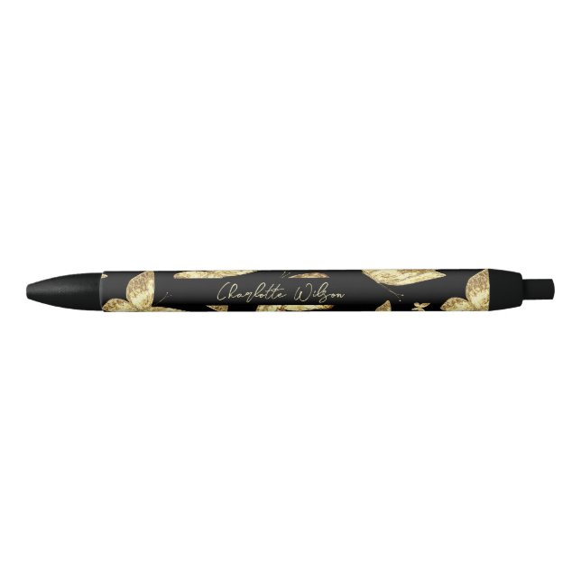 Elegant Golden Gold Butterfly Script Name Monogram Pen (Front)