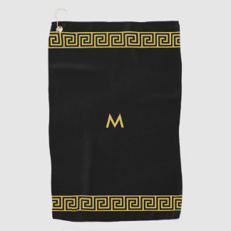 Elegant Golden Greek Pattern and Monogram on Black Golf Towel