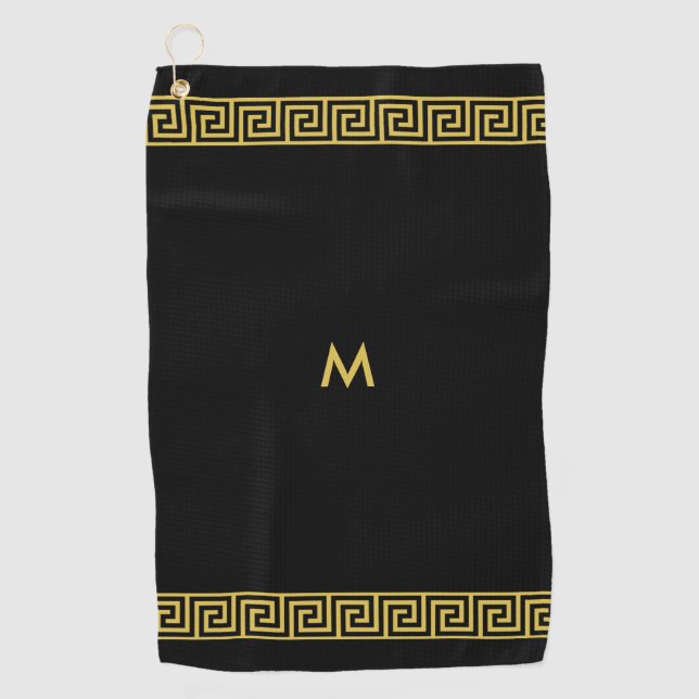 Elegant Golden Greek Pattern and Monogram on Black Golf Towel (Front)