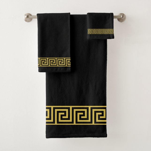 Elegant Golden Greek Pattern on Black Bath Towel Set (Insitu)