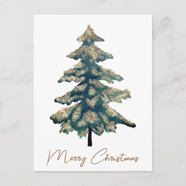 Elegant Golden Green Merry Christmas Tree Holiday Postcard (Front)