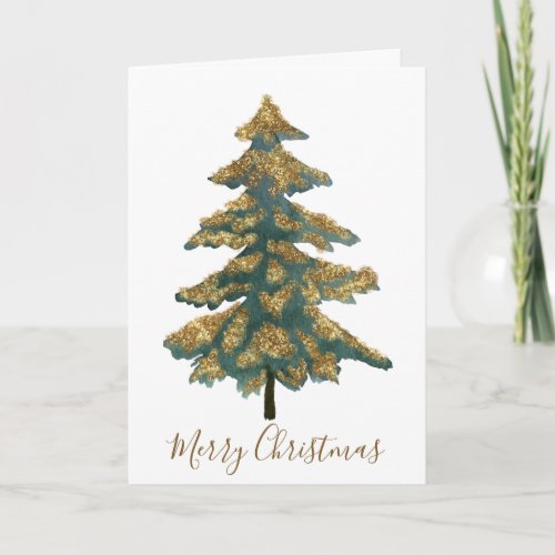 Elegant Golden Green Merry Christmas Tree Photo Holiday Card