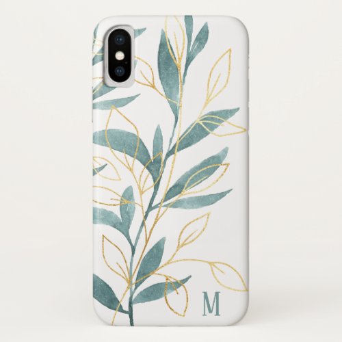 Elegant Golden Green Watercolor Floral Monogram iPhone XS Case