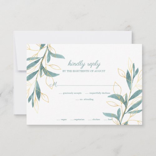 Elegant Golden Green Watercolor Floral Wedding RSVP Card