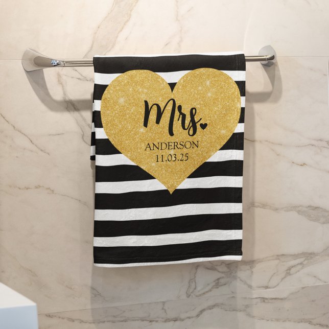 Elegant Golden Heart Black Stripes Just Married Bath Towel (Creator Uploaded)