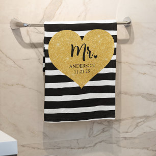 Elegant Golden Heart Black Stripes Just Married Bath Towel