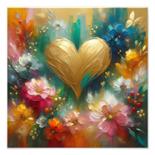 Elegant Golden Heart Floral Teal & Blush Photo Print