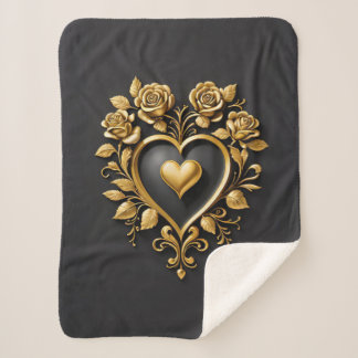 Elegant golden heart with blooming roses sherpa blanket
