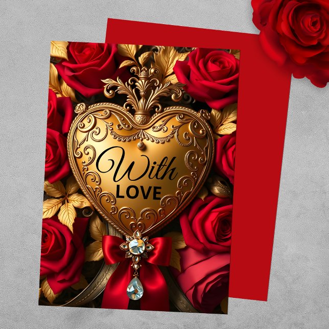 Elegant Golden Heart with Red Roses and Jewel Card (Creator Uploaded)