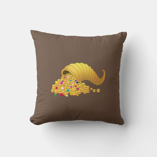 Elegant Golden Horn of Plenty on Brown Throw Pillow (Front)