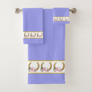 Elegant, Golden Horseshoes on White & Light Blue Bath Towel Set